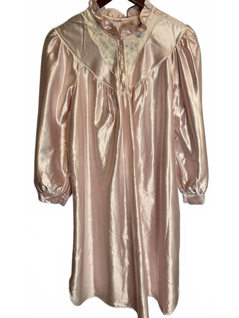 Vintage Shiny Long Sleeve Women’s Ruffled Neck Floral Buttons Midi Nightgown Xl